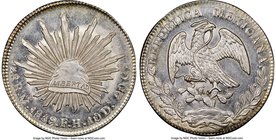 Republic 8 Reales 1859 Mo-FH MS63 NGC, Mexico City mint, KM377.10, DP-Mo45. A blooming mint frost envelopes the cap and other central obverse features...