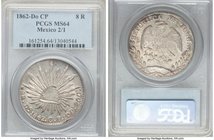 Republic 8 Reales 1862/1 Do-CP MS64 PCGS, Durango mint, KM377.4, DP-Do42. Lustrous and generally bold, with heavier die clashing visible on both sides...