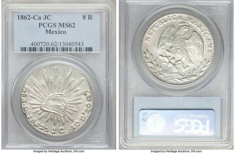 Republic 8 Reales 1862 CA-JC MS62 PCGS, Chihuahua mint, KM377.2, DP-Ca35. A very...