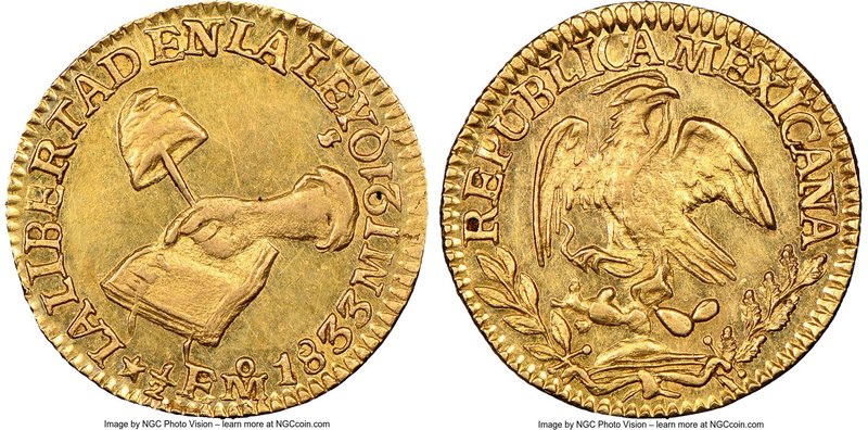 Republic gold 1/2 Escudo 1833 Mo-MJ MS61 NGC, Mexico City mint, KM378.5. Minted ...