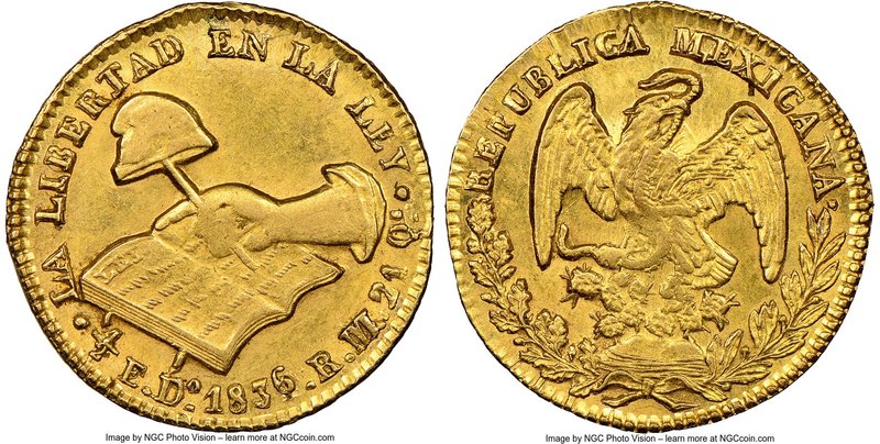 Republic gold 1/2 Escudo 1836/4 Do-RM MS62 NGC, Durango mint, KM378.1. A very cl...