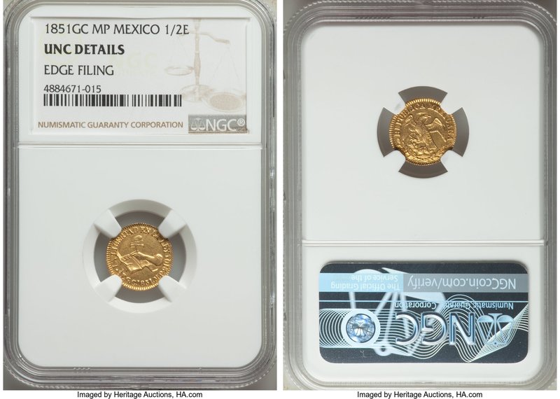 Republic gold 1/2 Escudo 1851 GC-MP UNC Details (Edge Filing) NGC, Guadalupe y C...
