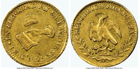 Republic gold Escudo 1825 Ga-FS AU58 NGC, Guadalajara mint, KM379.2. Clearly on the cusp of Mint State, with surfaces over which golden luster travers...