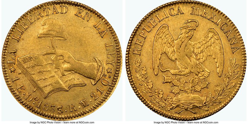 Republic gold Escudo 1833/2 Do-RM/L AU53 NGC, Durango mint, KM379.1. A lesser-ci...