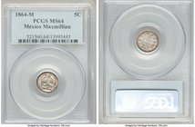 Maximilian 5 Centavos 1864-M MS64 PCGS, Mexico City mint, KM385.1. A very highly graded specimen for this often well-circulated type, quite bold in th...