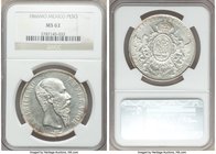 Maximilian Peso 1866-Mo MS62 NGC, Mexico City mint, KM388.1. Shimmering mint luster envelopes struck devices maintained to full Mint State preservatio...