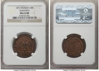 Republic 1/4 Real 1872 MS63 Red and Brown NGC, Durango mint, KM350. Struck slightly off-center, the surfaces a somewhat glossy clay red tone. 

HID098...