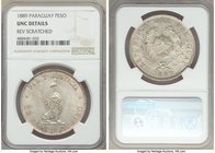 Republic Peso 1889 UNC Details (Reverse Scratched) NGC, KM5. Mintage: 600,000 with unknown quantity melted. Reverse scratching is mild and located in ...