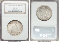 Republic 4 Reales 1855/4 LM-MB MS62 NGC, Lima mint, KM151.3. Bold and attractive for the type, with watery, lustrous fields blanketed in light tones o...