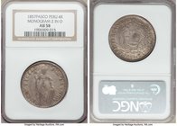 Republic 4 Reales 1857 PASCO-(Z in O) AU58 NGC, Pasco mint, KM151.10. Monogram "Z" in "O" found on reverse. One of the finest examples of the type see...