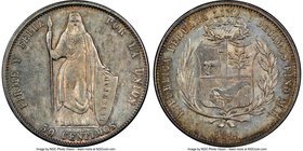 Republic 50 Centimos 1858-MB MS64 NGC, Lima mint, KM178. A difficult one-year transitional type. Lightly toned, with soft expressions of gold and past...