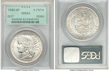 Republic 5 Pesetas 1880-BF MS63 PCGS, Lima mint, KM201.2. Variety with dot after mintmark. Effortlessly satiny and fully choice, hardly an obtrusive m...
