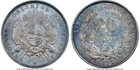 Republic 20 Centesimos 1877-A MS63 NGC, Paris mint, KM15. A charming example toned in overlapping shades of gunmetal and midnight blue.

HID0980124201...