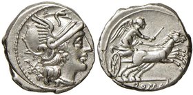 REPUBBLICA ROMANA Anonime - Denario (157-156 a.C.) Testa di Roma a d. - R/ La Vittoria su biga a d. - B. 6; Cr. 197/1 AG (g 4,05)
SPL