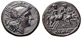 Anonime - Quinario (dopo il 211 a.C.) Testa di Roma a d. - R/ I Dioscuri a cavallo a d., sotto, ROMA in rilievo - B. 3; Cr. 44/7 AG (g 2,11) Patina sc...