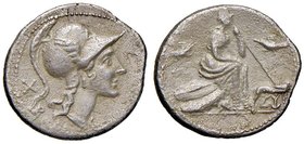 Anonime - Denario (115-114 a.C.) Testa elmata di Roma a d. - R/ Roma seduta a d. accanto alla lupa con i gemelli - B. 101; Cr. 287/1 AG (g 3,93) Poros...