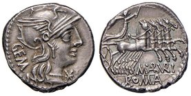 Aburia - B. Aburius Geminus - Denario (132 a.C.) Testa di Roma a d. - R/ Il Sole su quadriga a d. - B. 6; Cr. 250/1 AG (g 3,89) Bella patina delicata...