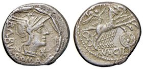 Acilia - M. Acilius M. f. - Denario (130 a.C.) Testa di Roma a d. - R/ Ercole su quadriga a d. - B. 4; Cr. 255/1 AG (g 3,88) Poroso
MB