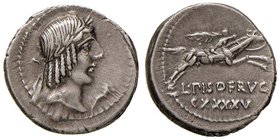 Calpurnia - L. Calpurnius Piso Frugi - Denario (90 a.C.) Testa di Apollo a d. - R/ Cavaliere al galoppo a d. con ramo di palma - B. 11; Cr. 340/1 AG (...