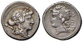 Cassia - L. Cassius Q. f. Longinus - Denario (78 a.C.) Testa di Bacco a d. - R/ Testa di Libera a d. - B. 6; Cr. 386/1 AG (g 4,00)
BB