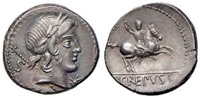 Crepusia - Pub. Crepusius - Denario (82 a.C.) Testa di Apollo a d. - R/ Cavaliere a d. - B. 1; Cr. 361/1 AG (g 3,64)
BB+
