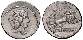 Julia - L. Julius Bursio - Denario (85 a.C.) Testa di Apollo a d. - R/ La Vittoria su quadriga a d. - B. 5; Cr. 352/1 AG (g 3,88)
qSPL