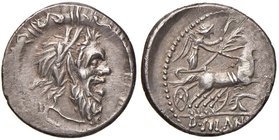 Junia - D. Silanus L. f. - Denario (91 a.C.) Testa di Sileno a d. - R/ La Vittoria su biga a d. - B. 20; Cr. 337/1 AG (g 4,00) R Schiacciature e stria...