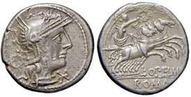 Opimia - L. Opimius - Denario (131 a.C.) Testa di Roma a d. - R/ La Vittoria su biga a d. - B. 12; Cr. 253/1 AG (g 3,88) Poroso
MB+