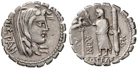 Postumia - A. Albinus Sp. f. - Denario (96 a.C.) Testa di Diana a d. - R/ Scena di sacrificio con personaggio indicante un toro - B. 7; Cr. 372/1 AG (...