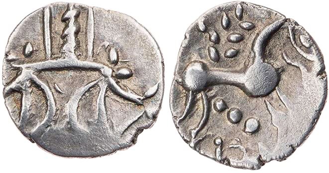 BRITANNIEN ICENI
 AR-Quinar 38-40 n. Chr. Vs.: Ornament mit zwei Mondsicheln, R...