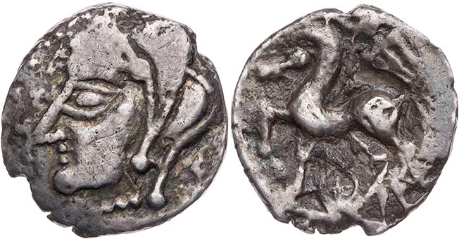 GALLIEN BITURIGES CUBI
 AR-Quinar 1. Jh. v. Chr. Vs.: Kopf n. l., Rs.: Pferd n....