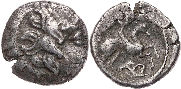GALLIEN PICTONES
 AR-Drachme 1. Jh. v. Chr. Vs.: Kopf mit Haar in dicken Strähn...