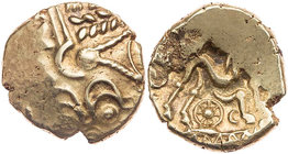 GALLIEN SUESSIONES
 EL-Stater um 100 v. Chr. Vs.: stilisierter Kopf mit großem Auge n. r., Rs.: stilisiertes Pferd mit Lenker n. r., unten Rad DT 168...