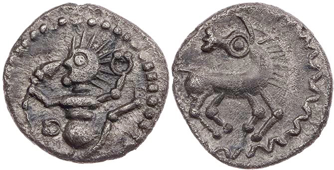 GERMANIEN UBIER
 AR-Quinar, Typ Tanzendes Männlein 65-40 v. Chr. Oppidum "Dünsb...
