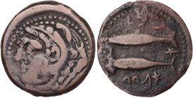 HISPANIEN GADES
 AE-Obol 45 v. - 41 n. Chr. Vs.: Kopf des Herakles Melkarth mit Löwenskalp n. l., rechts Keule, Rs.: zwei Thunfische n. l., links Mon...