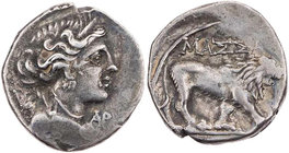 GALLIEN MASSALIA
 AR-Drachme 100-49 v. Chr. Vs.: Büste der Artemis mit Diadem und Köcher n. r., rechts AP, Rs.: Löwe schreitet n. r. SNG Cop. 788; SN...