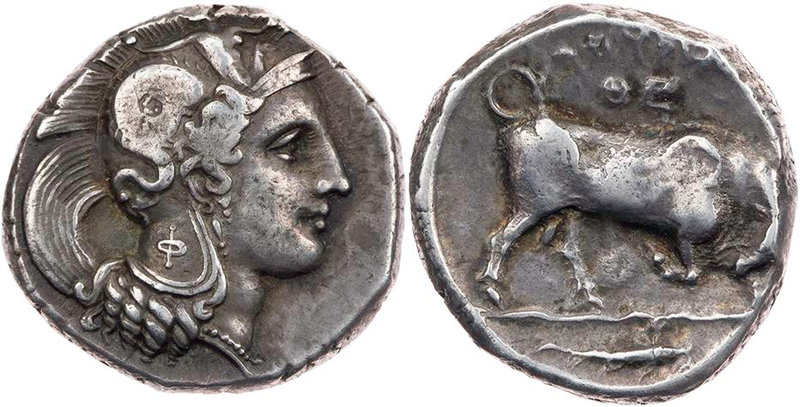LUKANIEN THOURIOI
 AR-Didrachme/Nomos um 330 v. Chr. Vs.: Kopf der Athena mit S...