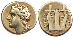 SIZILIEN SYRAKUS
Agathokles, 317-289 v. Chr. EL-12 1/2 Litrai 310-305 v. Chr. Vs.: Kopf des Apollon mit Lorbeerkranz n. l., Rs.: Lyra SNG ANS 617-619...