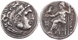 MAKEDONIEN, KÖNIGREICH
Alexander III., 336-323 v. Chr. AR-Drachme 310-301 v. Chr. Abydos Vs.: Kopf des Herakles mit Löwenskalp n. r., Rs.: Zeus aetop...