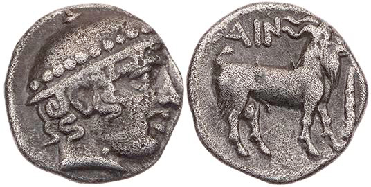 THRAKIEN AINOS
 AR-Diobol 440-412 v. Chr. Vs.: Kopf des Hermes mit Petasos n. r...