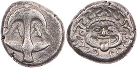 THRAKIEN APOLLONIA PONTIKA
 AR-Drachme 420-400 v. Chr. Vs.: Anker, links A, rechts Garnele, Rs.: archaisierendes Gorgoneion v. v. SNG Cop. 452; SNG B...