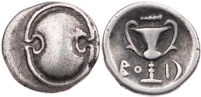BÖOTIEN BUNDESPRÄGUNGEN
 AR-Hemidrachme 395-340 v. Chr. Vs.: boiotischer Schild...