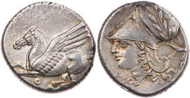 KORINTHIA KORINTH
 AR-Stater 375-306 v. Chr., Ar(...) Vs.: Pegasos fliegt n. l., darunter Koppa, Rs.: Kopf der Athena mit korinthischem Helm n. l., r...
