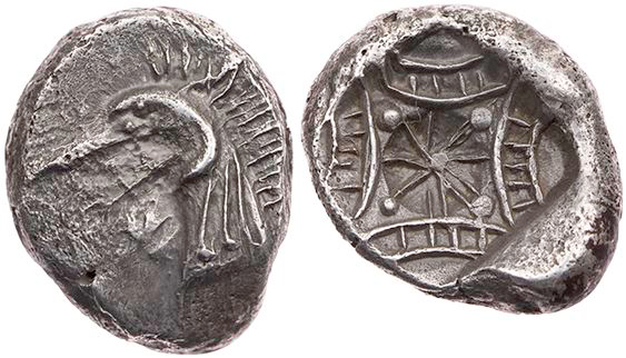 KARIEN KINDYA
 AR-Hekte (aiginetischer Standard) 510-480 v. Chr. Vs.: Ketoskopf...