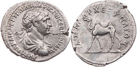 ARABIA PETRAEA BOSTRA
Traianus, 98-117 n. Chr. AR-Drachme 114-116 n. Chr. Vs.: gepanzerte und drapierte Büste mit Lorbeerkranz n. r., Rs.: Kamel schr...