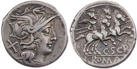 RÖMISCHE REPUBLIK
C. Scribonius, 154 v. Chr. AR-Denar Rom Vs.: Kopf der Roma mit geflügeltem Helm n. r., dahinter Wertzeichen X, Rs.: Dioskuren reite...