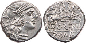 RÖMISCHE REPUBLIK
C. Renius, 138 v. Chr. AR-Denar Rom Vs.: Kopf der Roma mit geflügeltem Helm n. r., dahinter X, Rs.: Iuno mit Szepter in Ziegenbiga ...