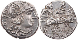RÖMISCHE REPUBLIK
Cn. Lucretius Trio, 136 v. Chr. AR-Denar Rom Vs.: Kopf der Roma mit geflügeltem Helm n. r., dahinter TRIO, unter dem Kinn X, Rs.: D...