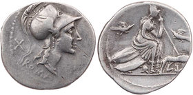 RÖMISCHE REPUBLIK
Anonym, 115/114 v. Chr. AR-Denar Rom Vs.: Kopf der Roma mit geflügeltem Helm n. r., dahinter X, darunter ROMA, Rs.: Roma sitzt auf ...