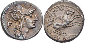 RÖMISCHE REPUBLIK
D. Iunius Silanus L.f., 91 v. Chr. AR-Denar Rom Vs.: Kopf der Roma mit geflügeltem Helm n. r., dahinter F, Rs.: Victoria in Biga n....